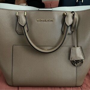 MICHAEL KORS Taupe Saffiano Leather Tote with Gold Hardware